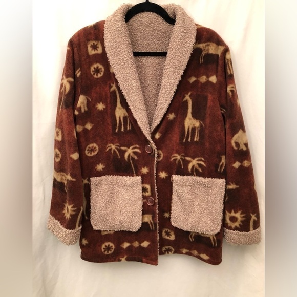 Safari Animal Fleece Teddy Bear Sherpa Jacket Brown Giraffe Elephant Size Large - Picture 15 of 16